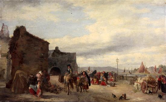 J. King (19th C.) Coastal scene with fisherfolk on the quay, 11.5 x 18.5in.